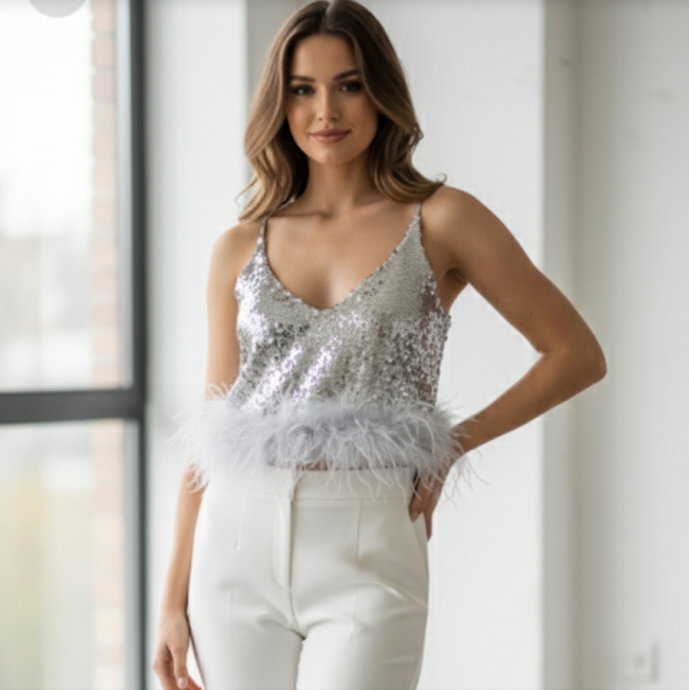 Boutique Silver Sequin Feather Hem Crop Top Womens V-Neck Sleeveless Party Tank